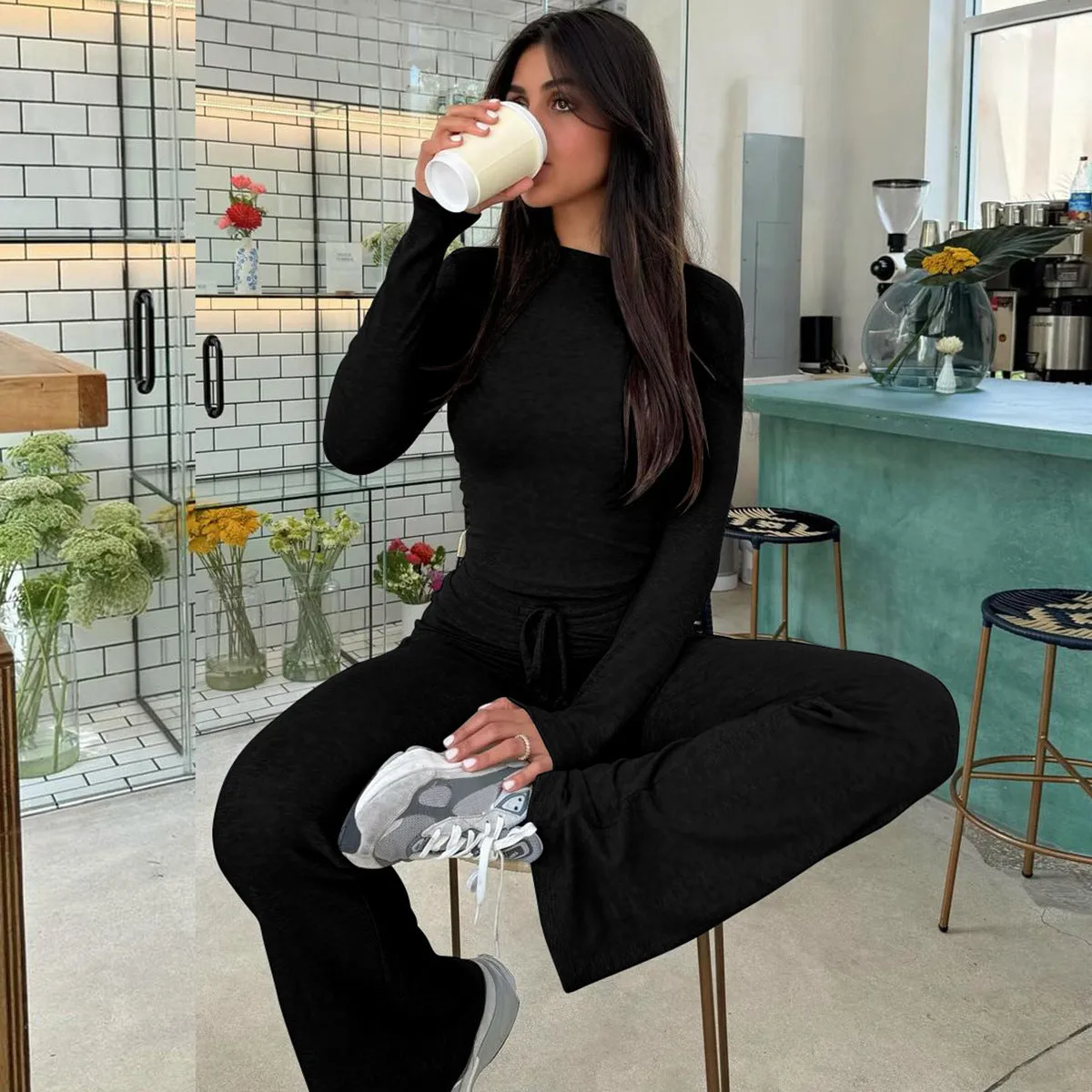 Cozy Ribbed Long-Sleeve Crop Top and Flared Pants Two-Piece Set