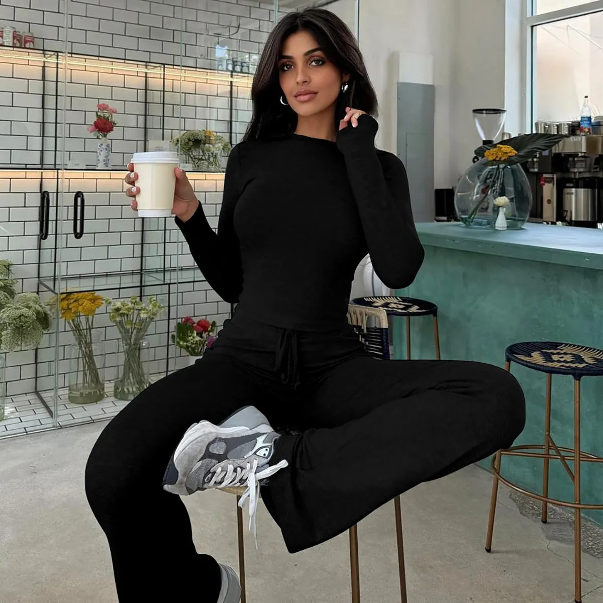 Cozy Ribbed Long-Sleeve Crop Top and Flared Pants Two-Piece Set