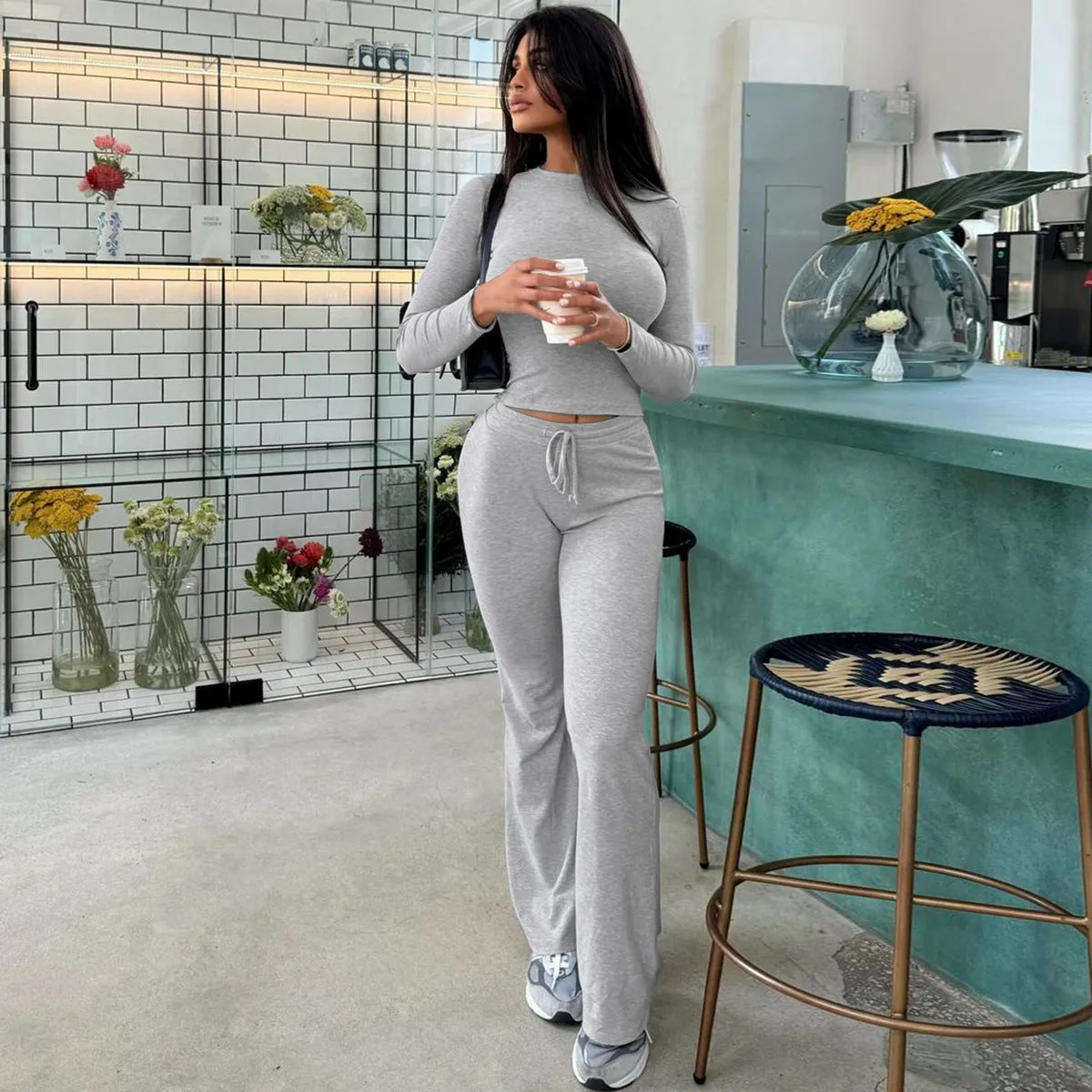 Cozy Ribbed Long-Sleeve Crop Top and Flared Pants Two-Piece Set
