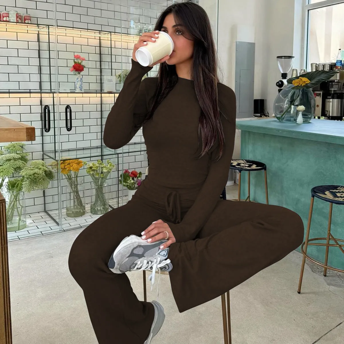 Cozy Ribbed Long-Sleeve Crop Top and Flared Pants Two-Piece Set