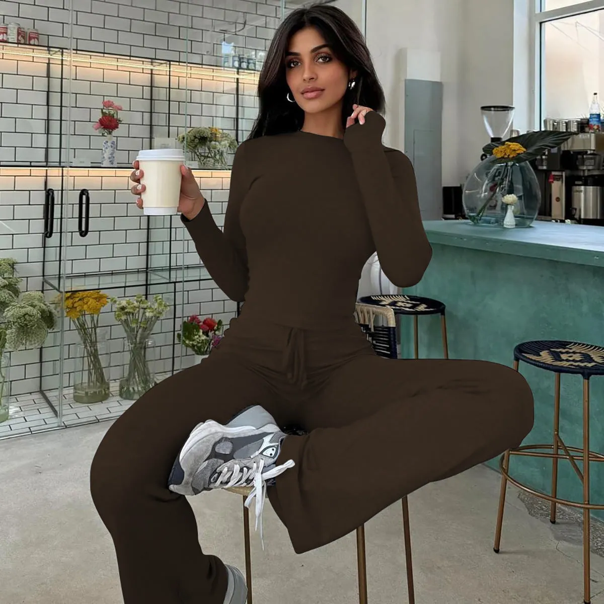 Cozy Ribbed Long-Sleeve Crop Top and Flared Pants Two-Piece Set