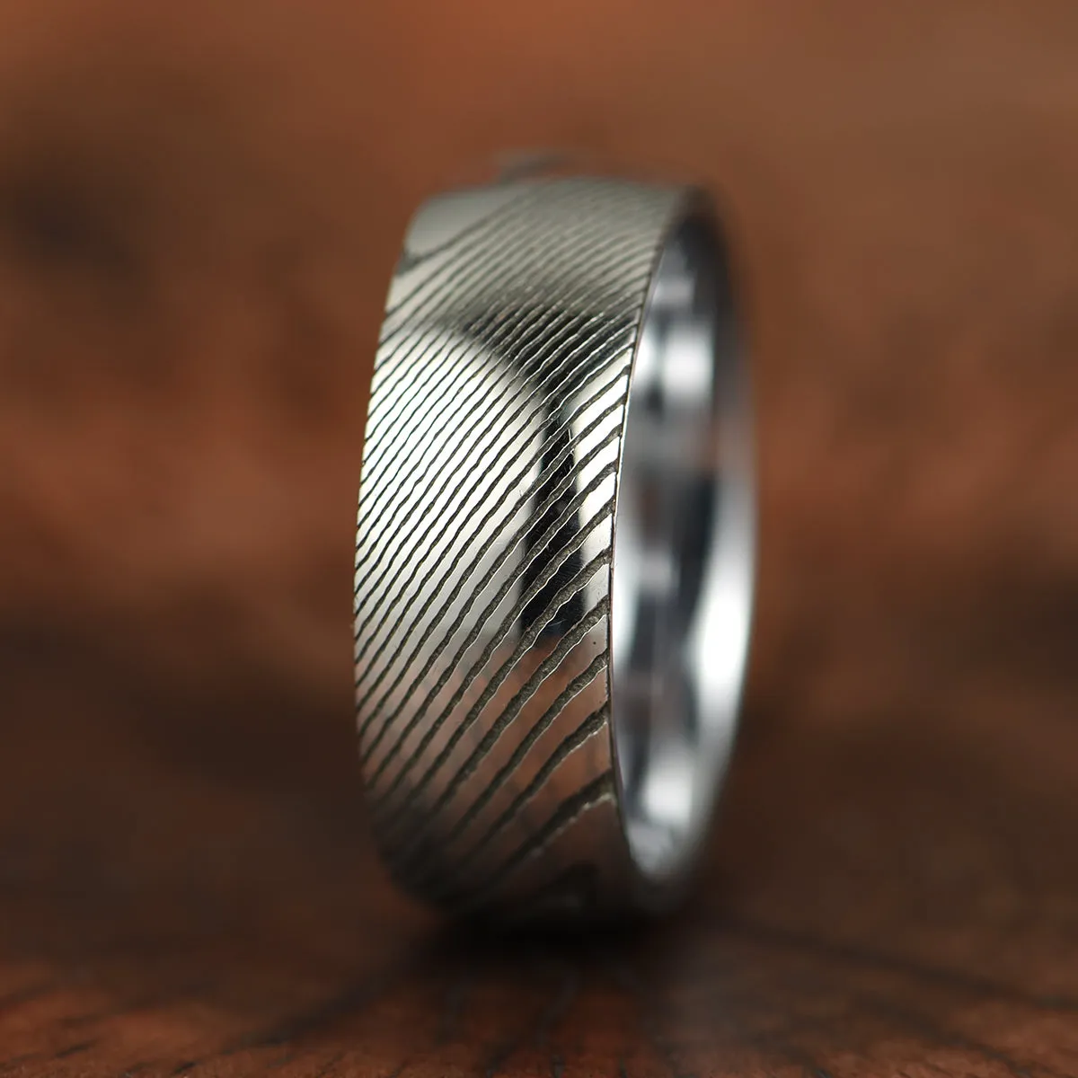 Damascus Steel Glossy Tungsten Men's Wedding Band 8MM