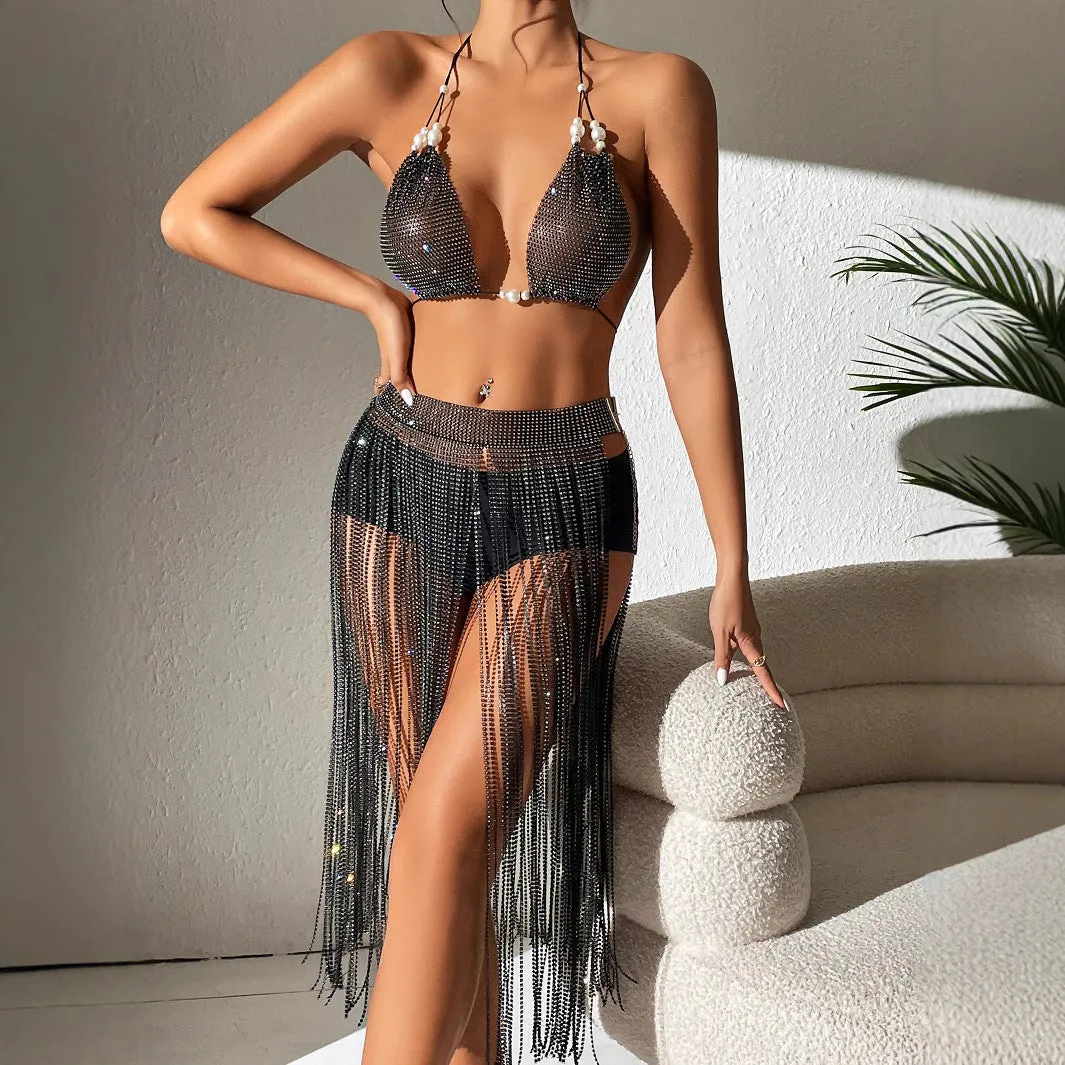 Daring Strap Low-Back Fishnet Skirt Set for Unforgettable Nightclub Glam