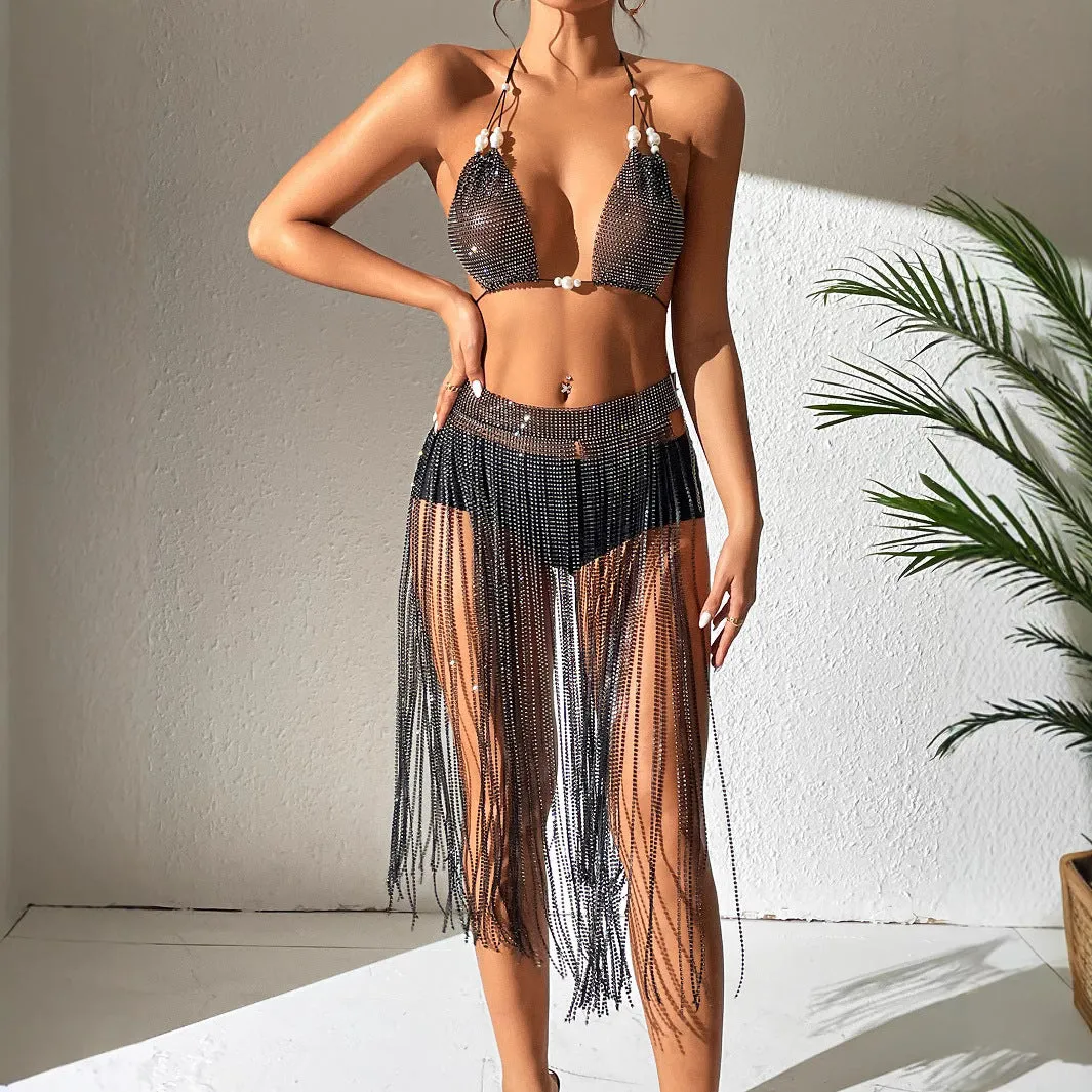 Daring Strap Low-Back Fishnet Skirt Set for Unforgettable Nightclub Glam