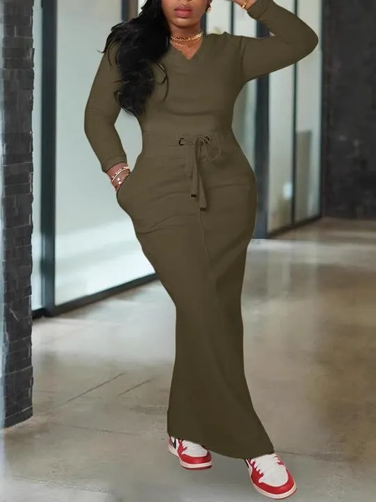 Effortless Style Solid Long-Sleeved Top and Maxi Skirt Two-Piece Set