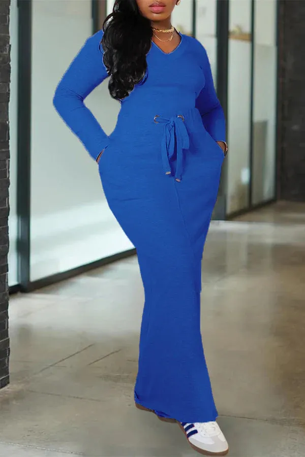 Effortless Style Solid Long-Sleeved Top and Maxi Skirt Two-Piece Set