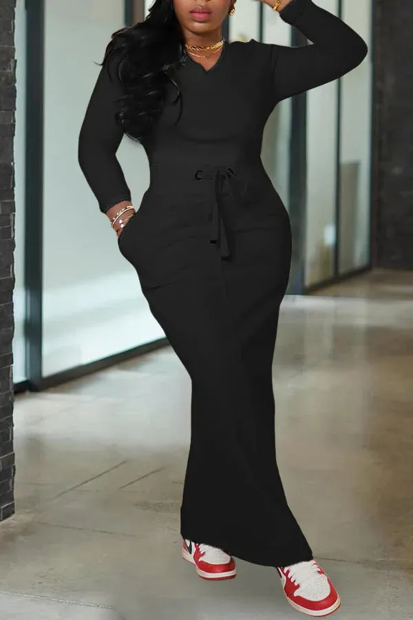 Effortless Style Solid Long-Sleeved Top and Maxi Skirt Two-Piece Set