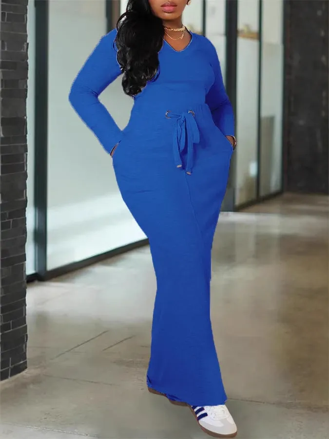 Effortless Style Solid Long-Sleeved Top and Maxi Skirt Two-Piece Set