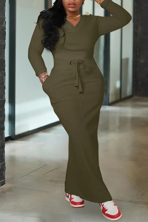 Effortless Style Solid Long-Sleeved Top and Maxi Skirt Two-Piece Set