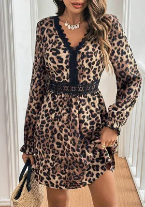 Elegant French-Inspired Leopard Print V-Neck Lace Long Sleeve Dress