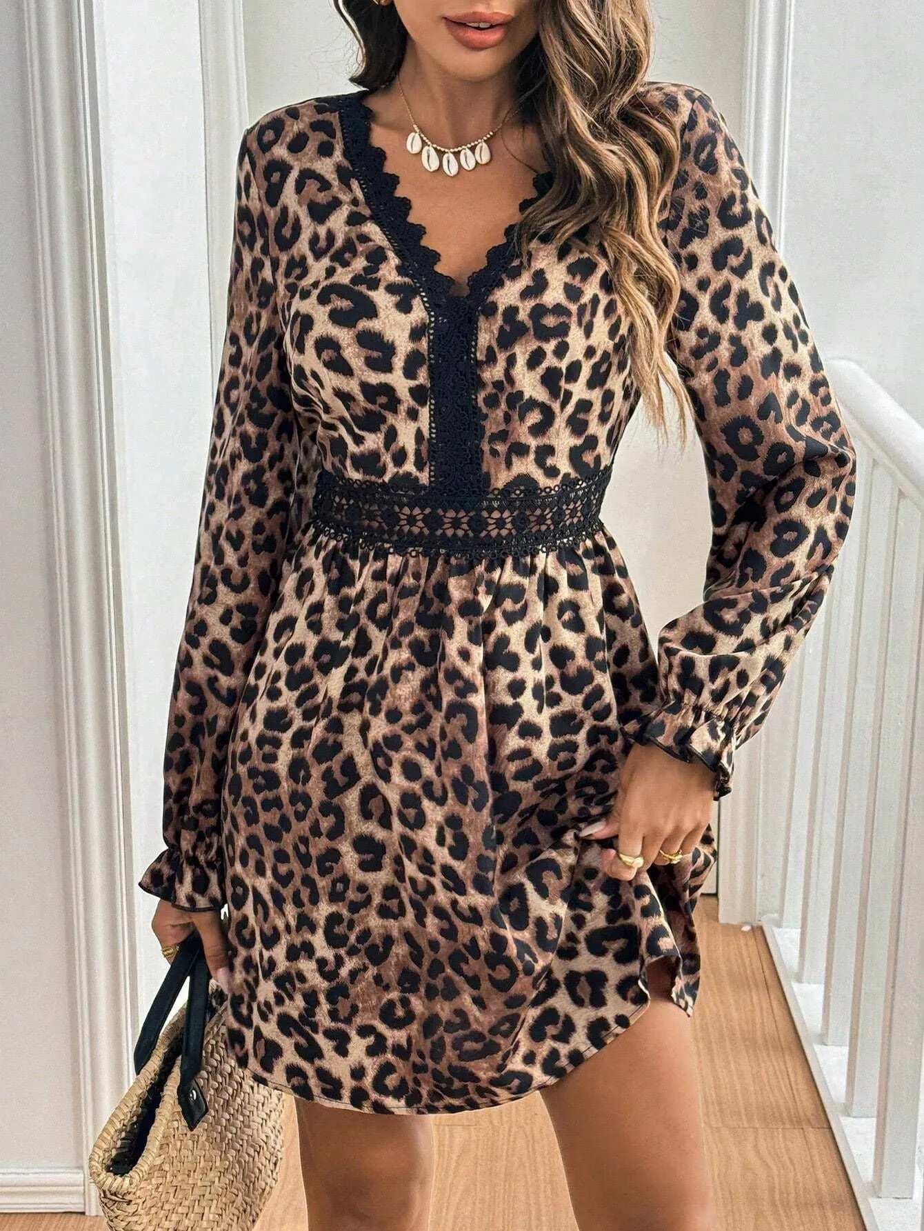 Elegant French-Inspired Leopard Print V-Neck Lace Long Sleeve Dress