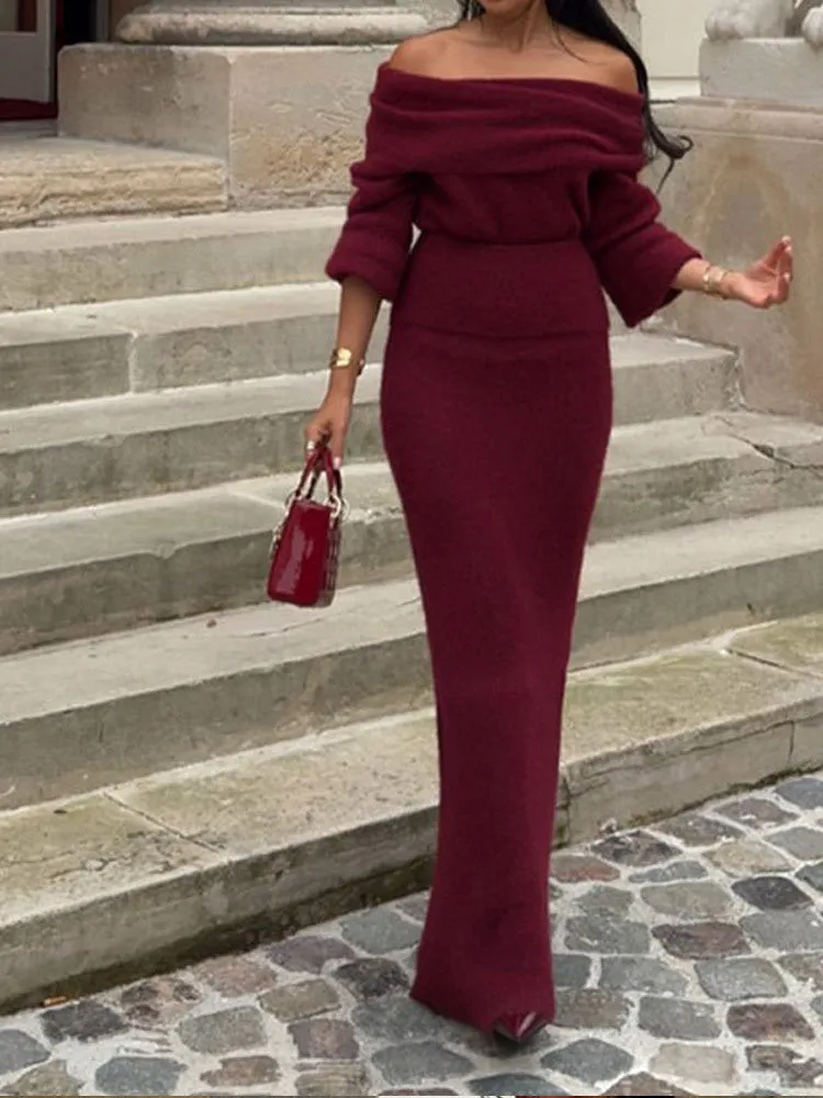Elegant Off-Shoulder Slim-Fit Knitted Maxi Dress with Refined Charm