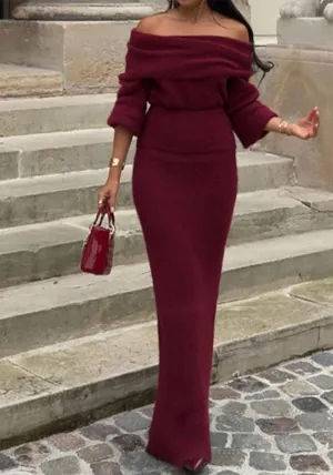 Elegant Off-Shoulder Slim-Fit Knitted Maxi Dress with Refined Charm