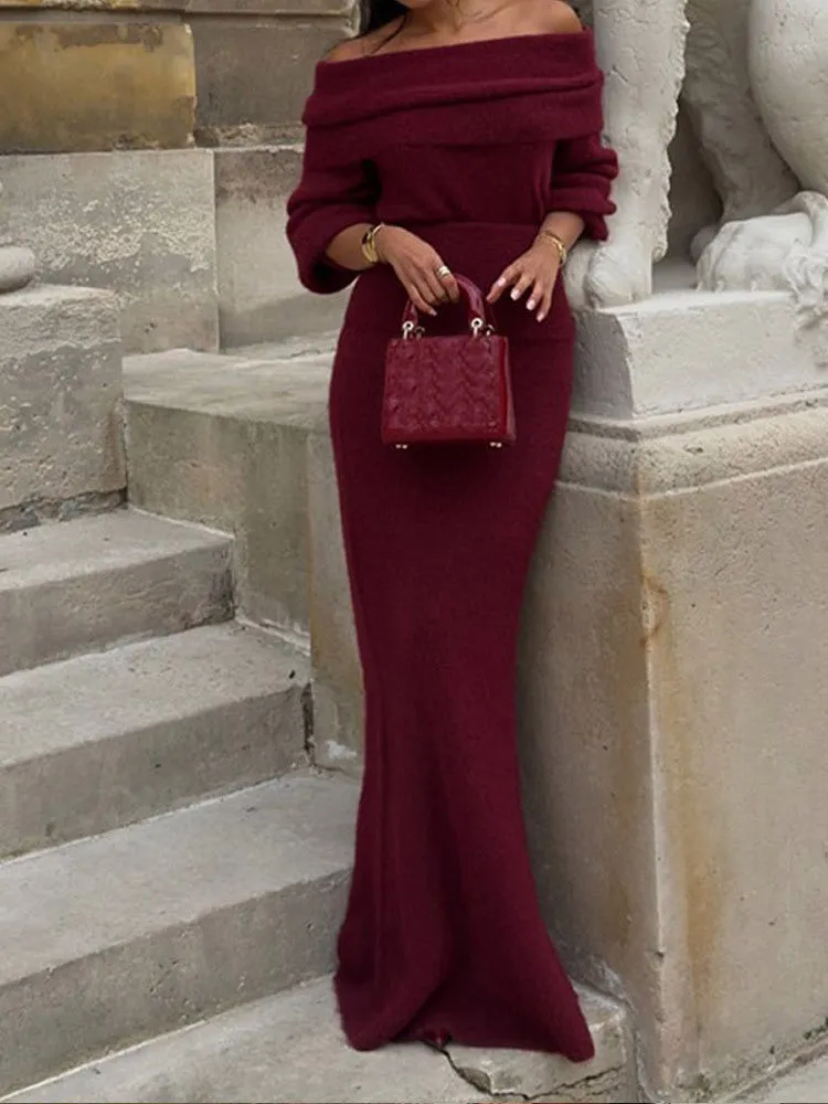 Elegant Off-Shoulder Slim-Fit Knitted Maxi Dress with Refined Charm