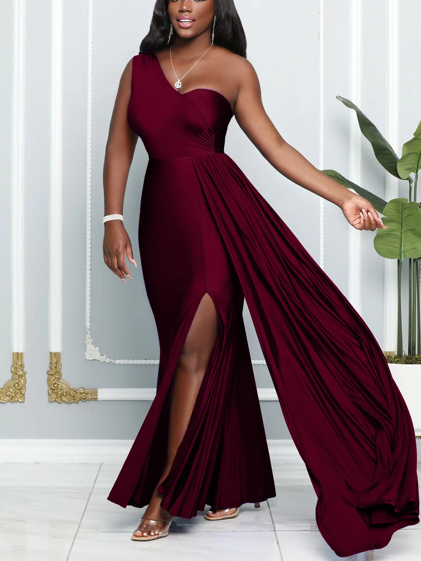 Elegant One-Shoulder Draped Slit Evening Gown for a Timeless Statement