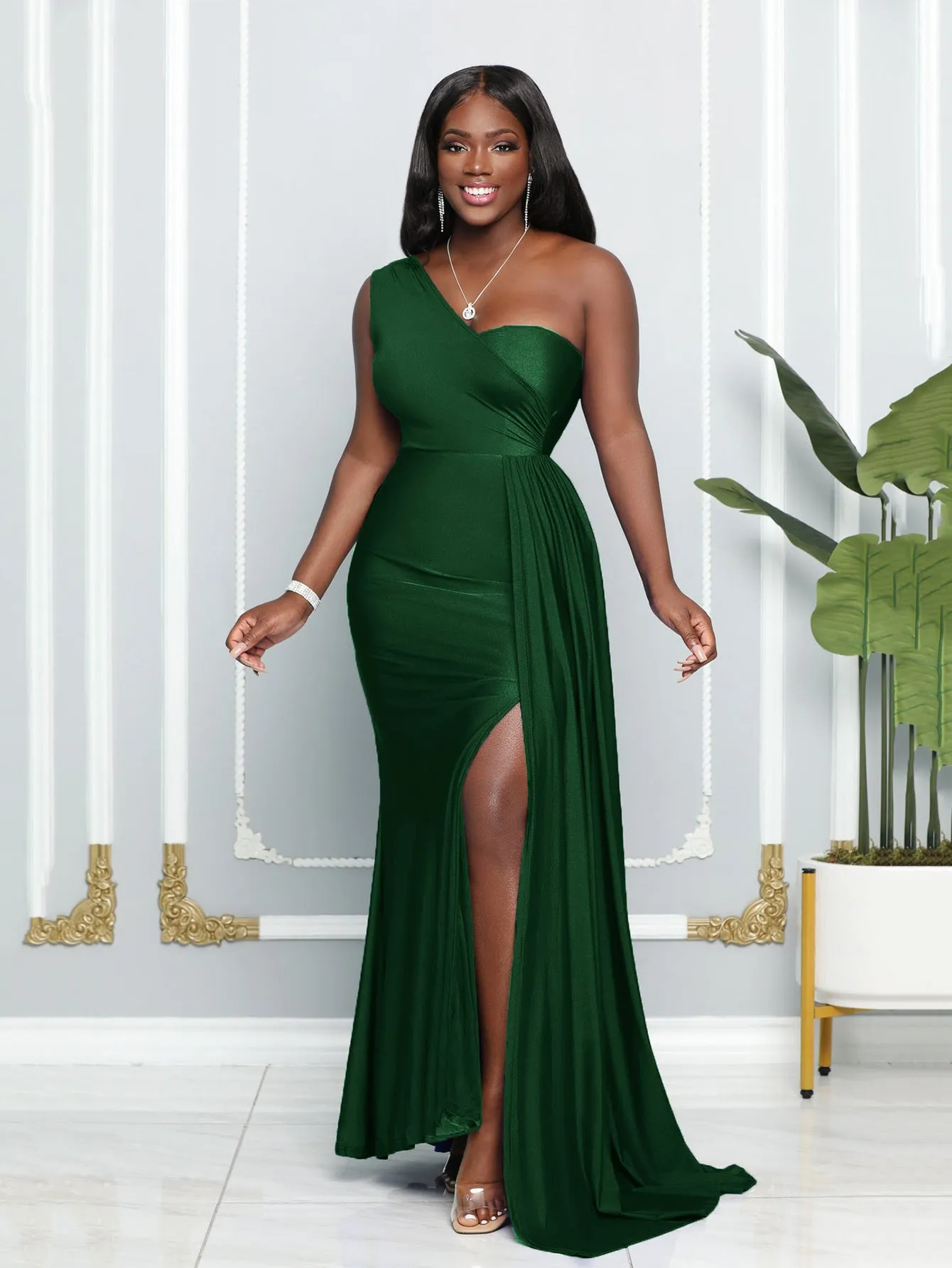 Elegant One-Shoulder Draped Slit Evening Gown for a Timeless Statement