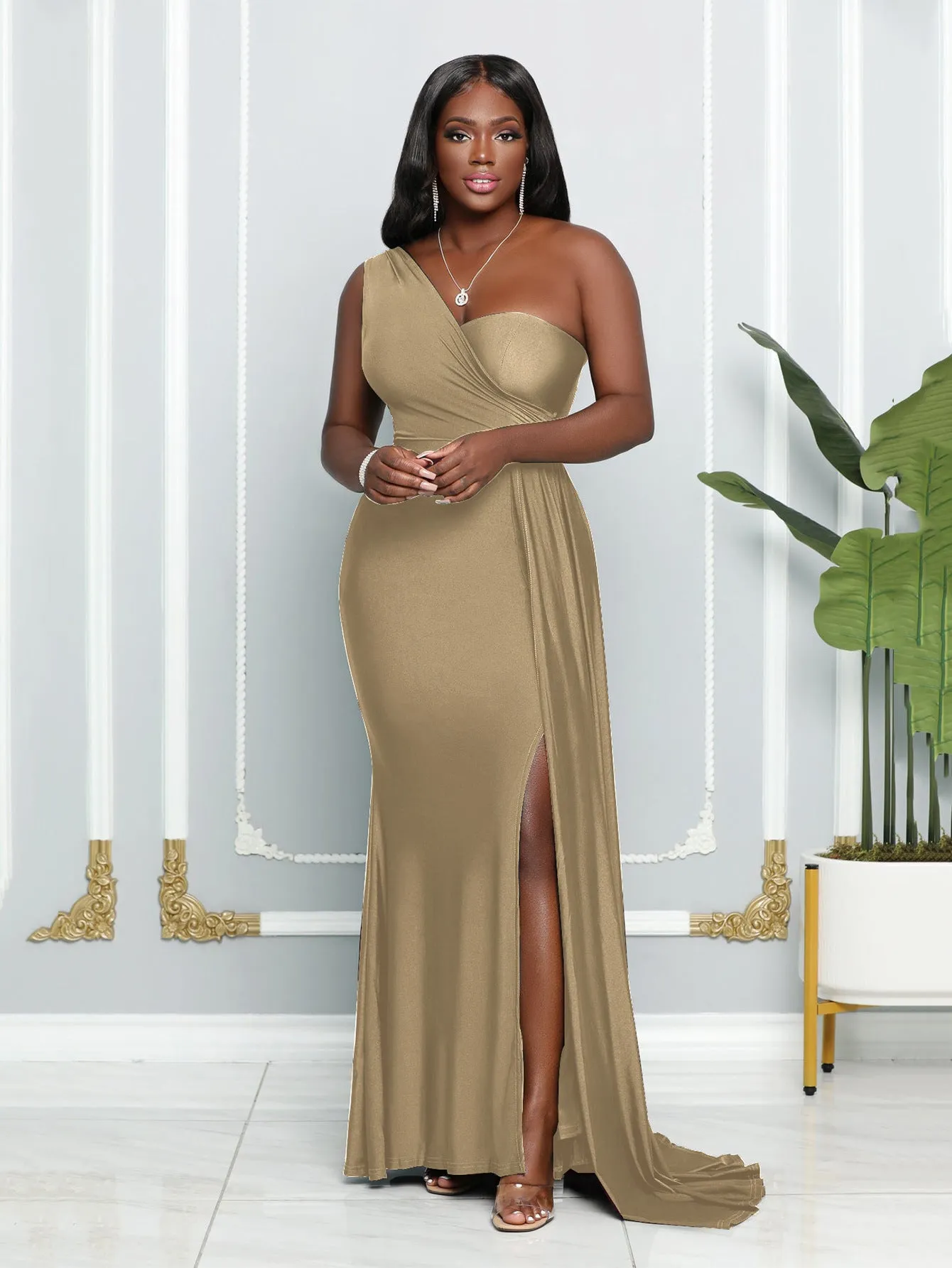 Elegant One-Shoulder Draped Slit Evening Gown for a Timeless Statement