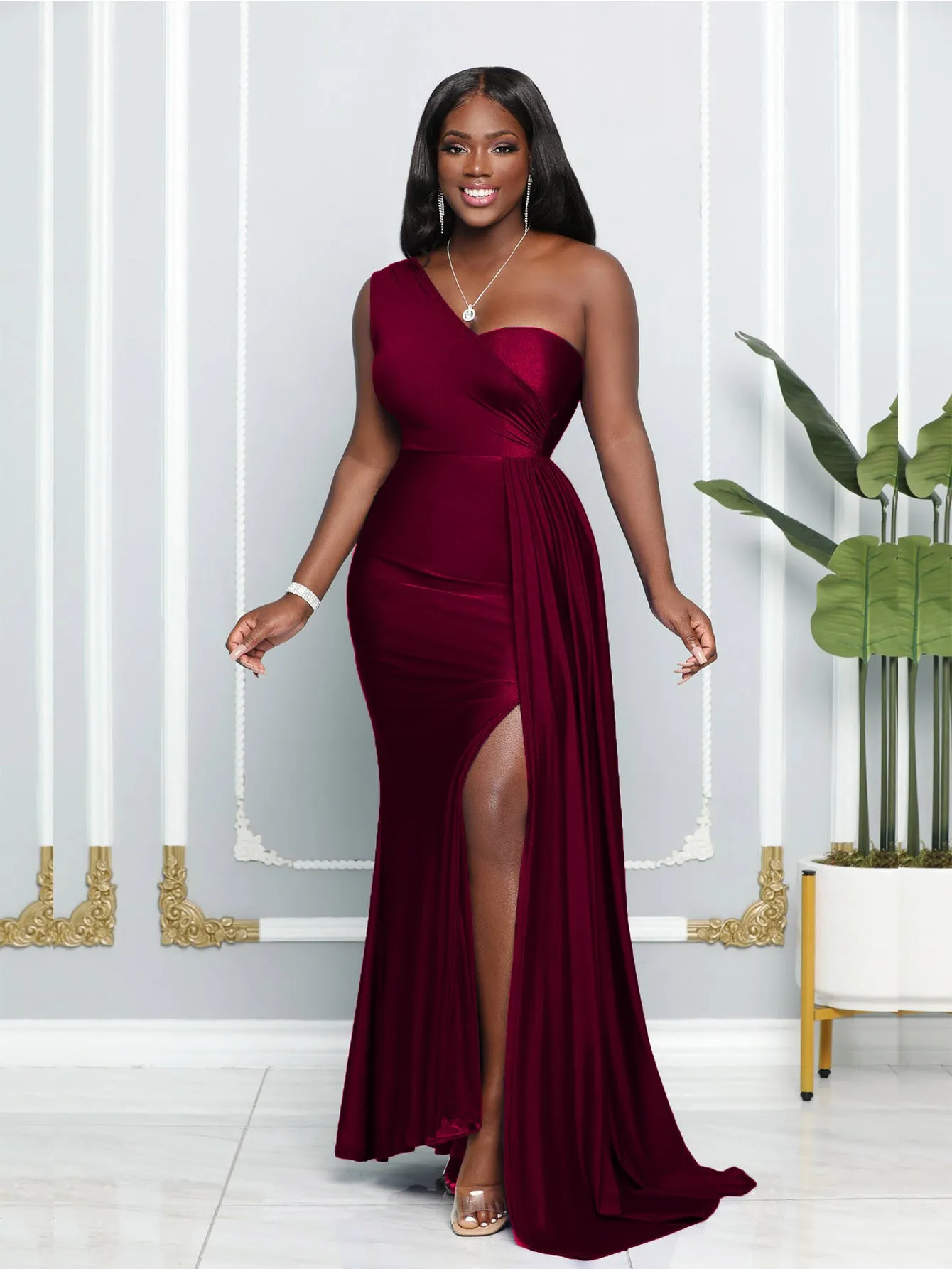 Elegant One-Shoulder Draped Slit Evening Gown for a Timeless Statement