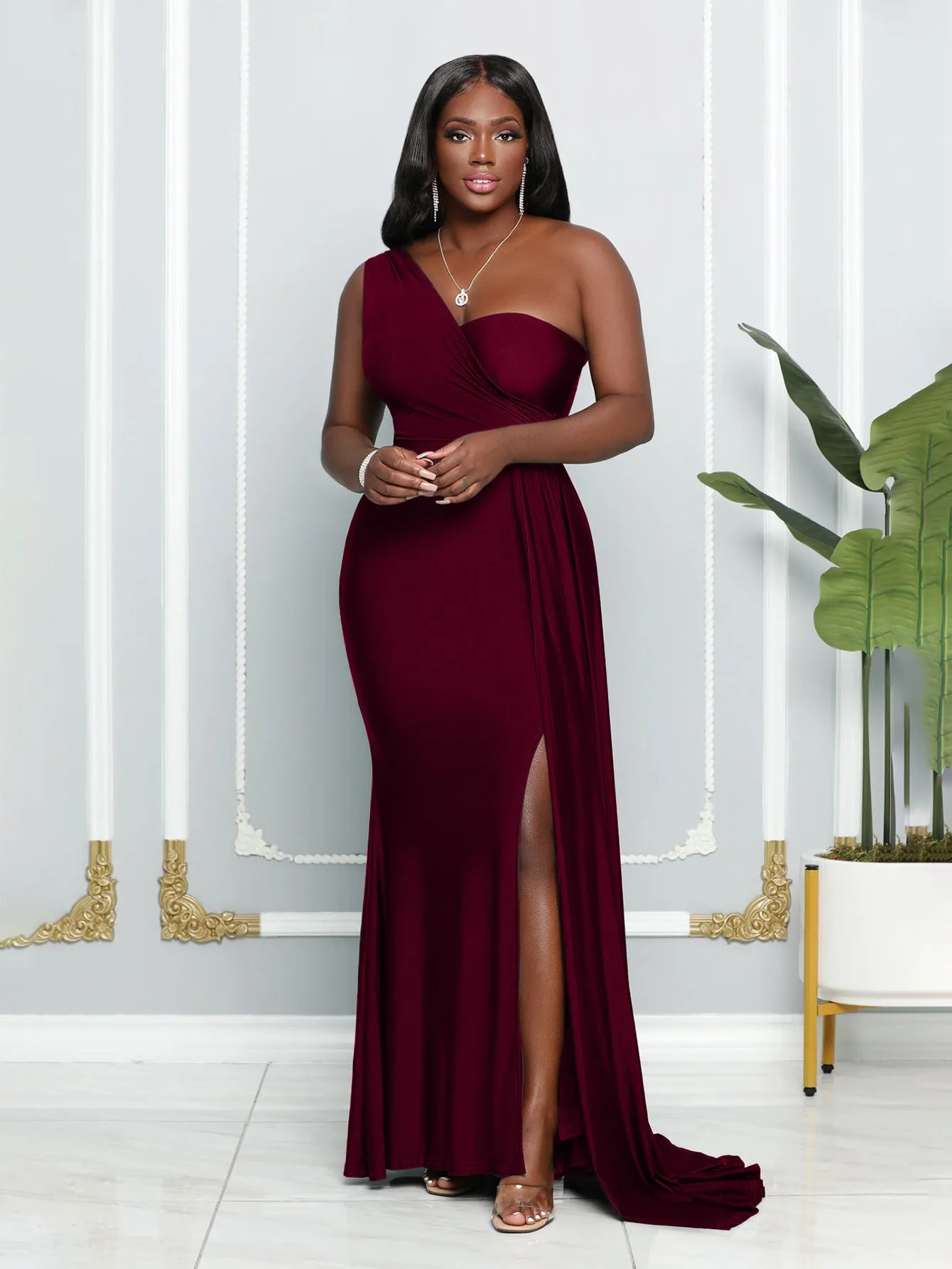 Elegant One-Shoulder Draped Slit Evening Gown for a Timeless Statement