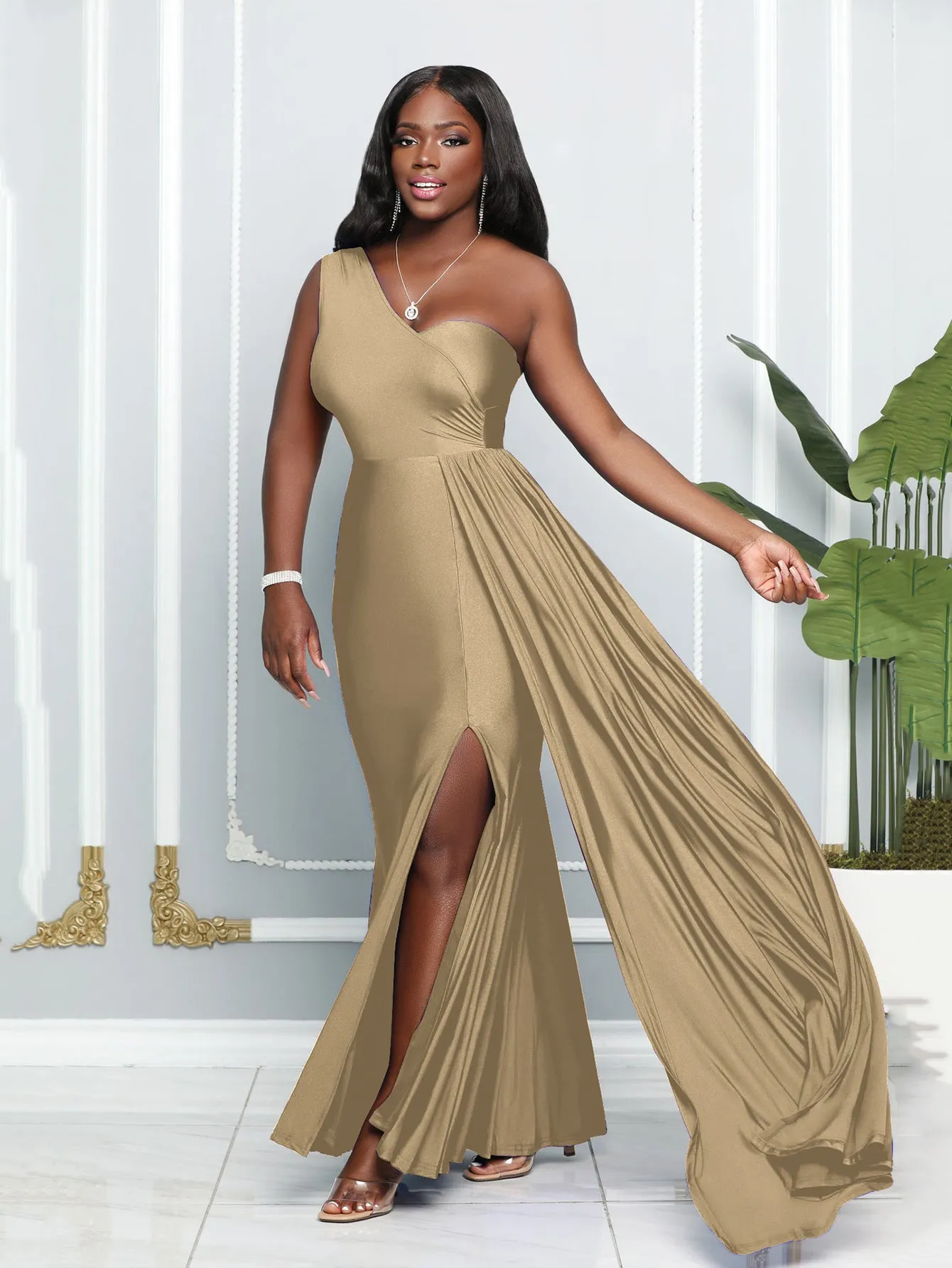 Elegant One-Shoulder Draped Slit Evening Gown for a Timeless Statement