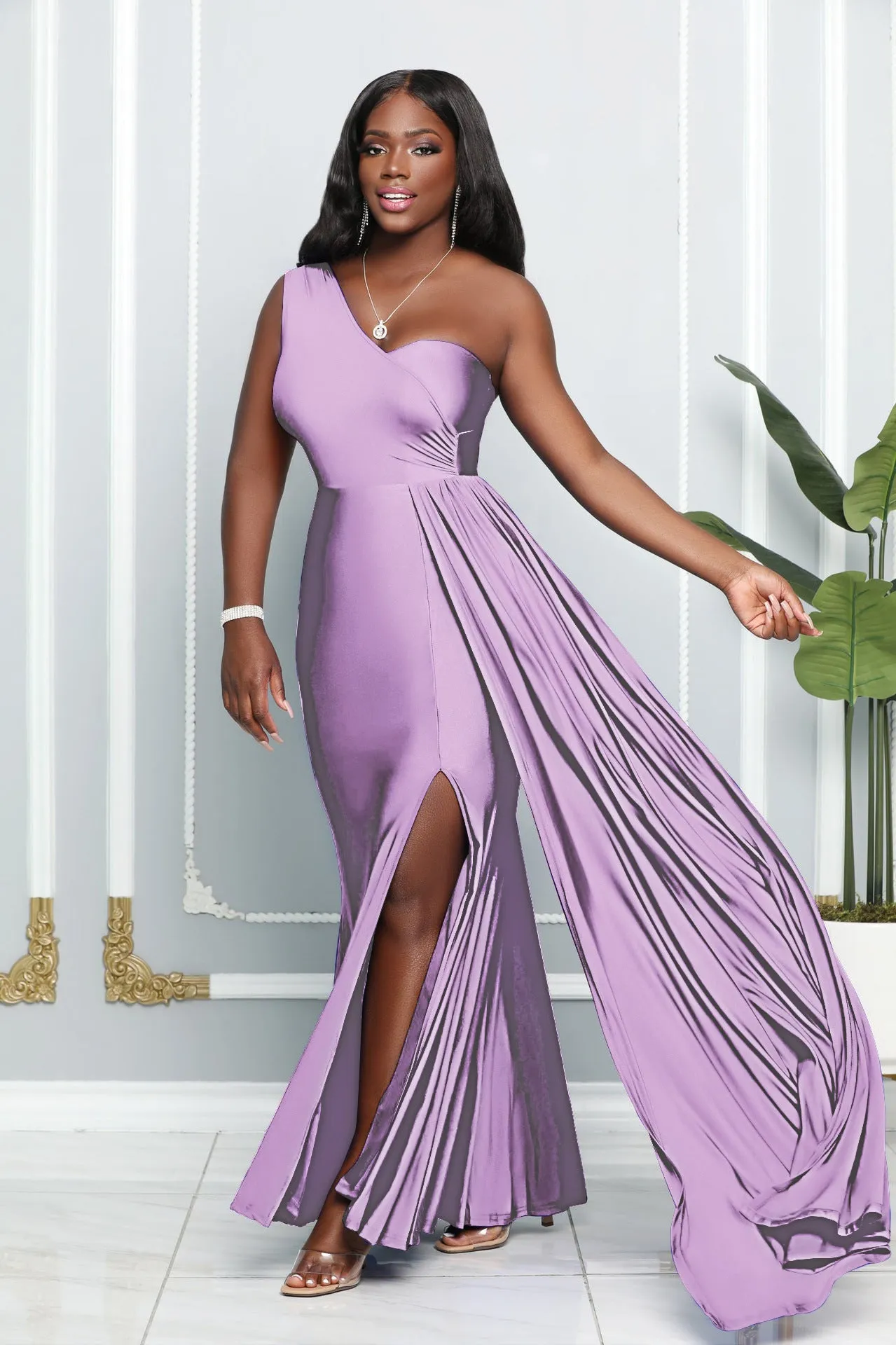 Elegant One-Shoulder Draped Slit Evening Gown for a Timeless Statement