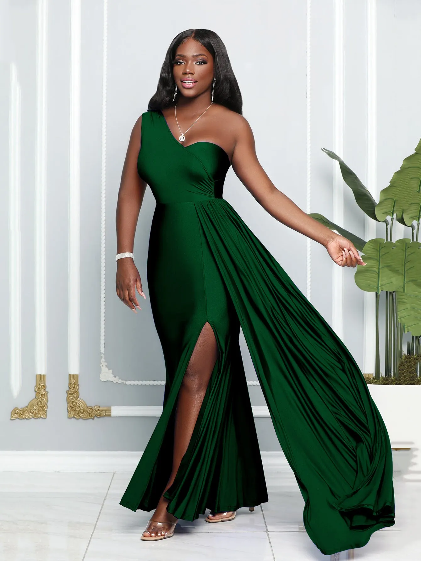 Elegant One-Shoulder Draped Slit Evening Gown for a Timeless Statement
