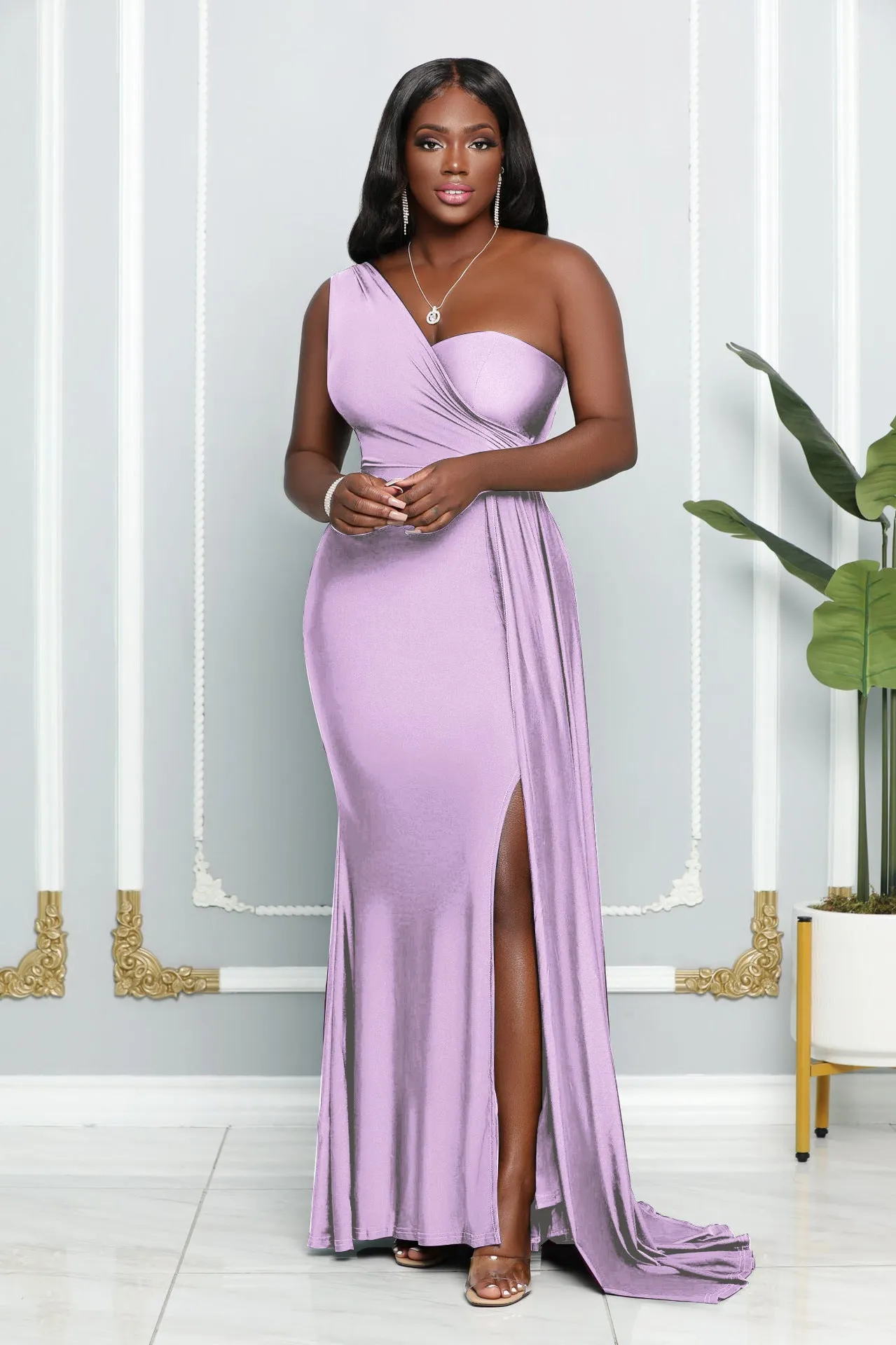 Elegant One-Shoulder Draped Slit Evening Gown for a Timeless Statement