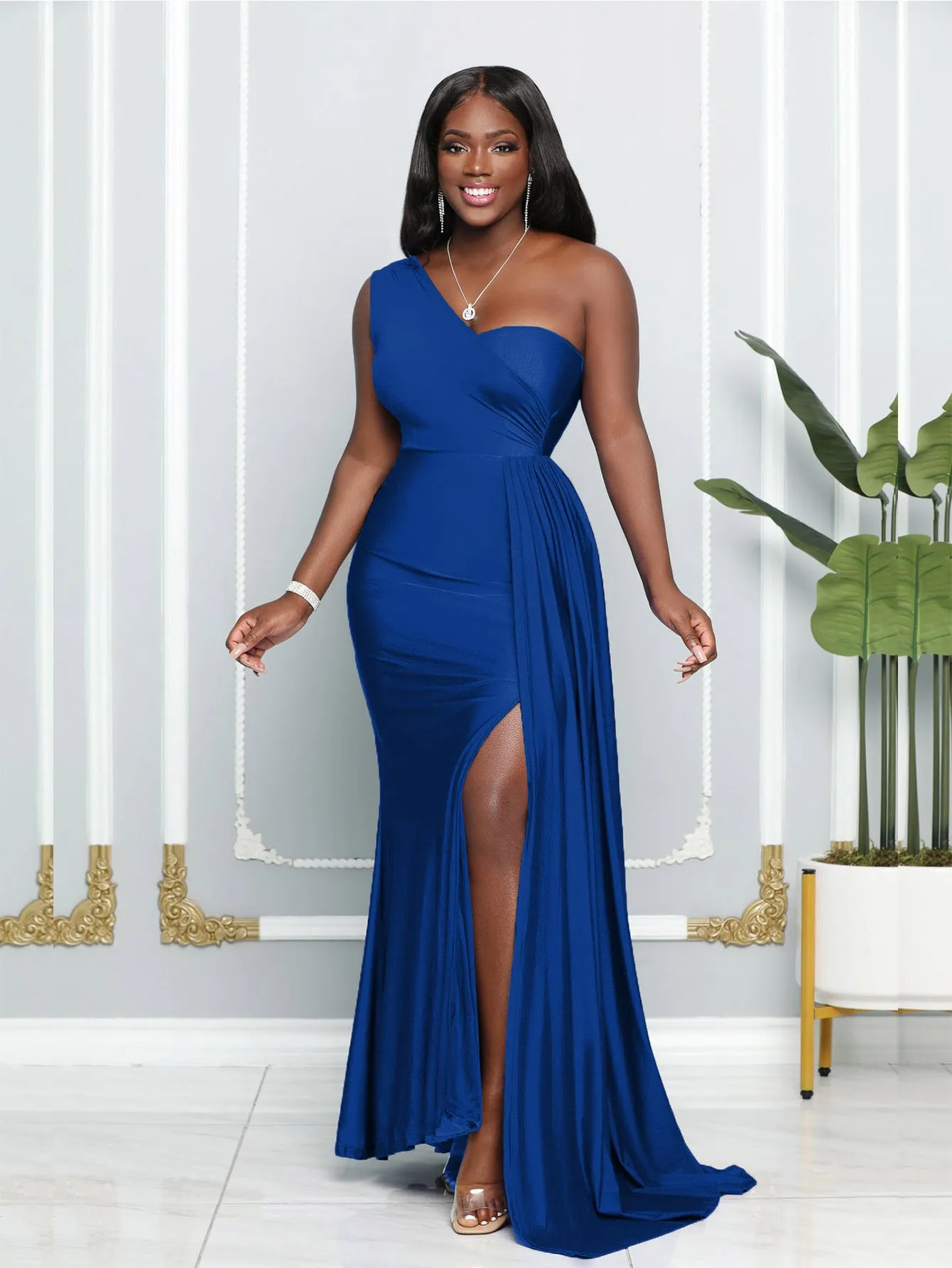 Elegant One-Shoulder Draped Slit Evening Gown for a Timeless Statement