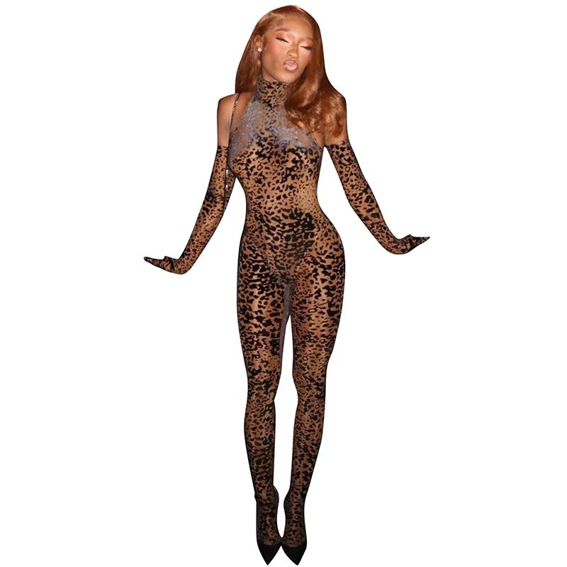 Fierce Half-High Neck Leopard Print Long-Sleeve Jumpsuit for Bold Fashion Statements