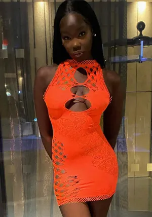 Fiery Knit Mesh Hollow-Design High-Waist Bodycon Mini Dress