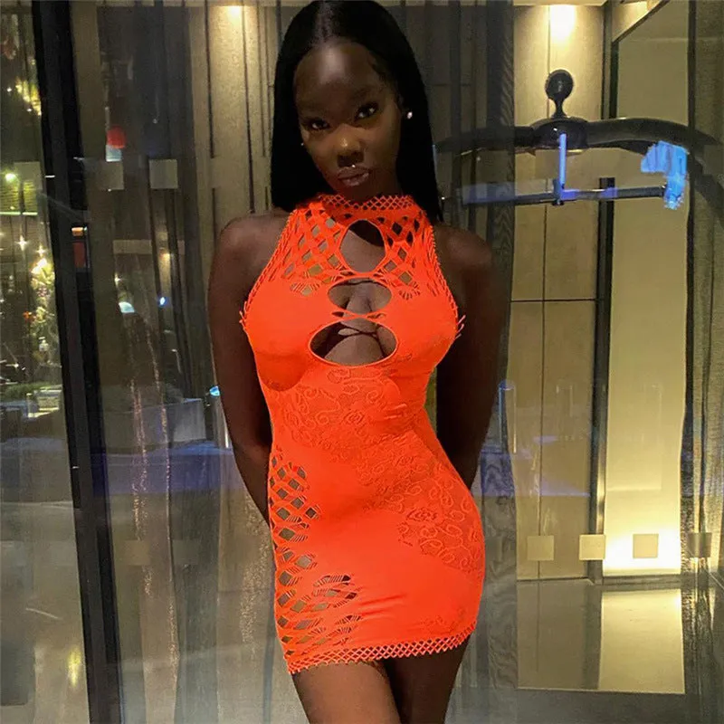 Fiery Knit Mesh Hollow-Design High-Waist Bodycon Mini Dress