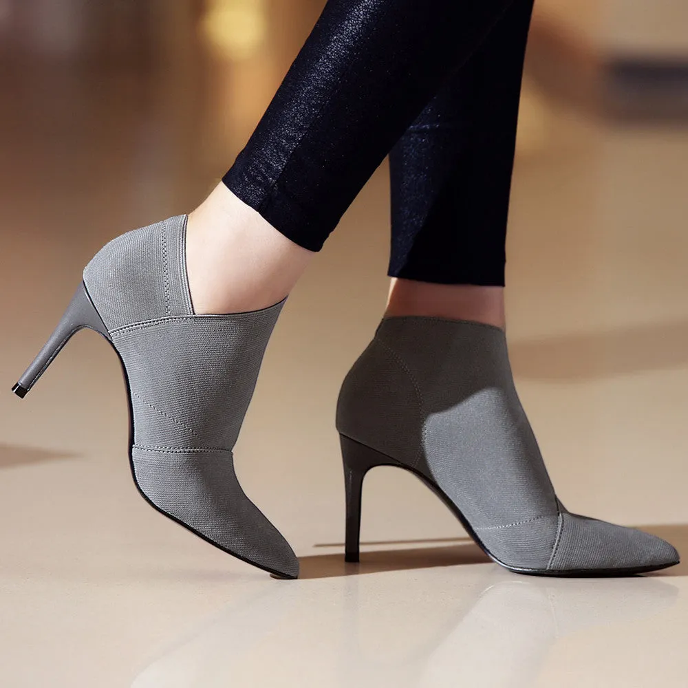 Genuine Leather Microfiber Ankle Boots Women Fashion Boots Pointed Toe Stiletto High Heel Black Large Size 9 Shoes