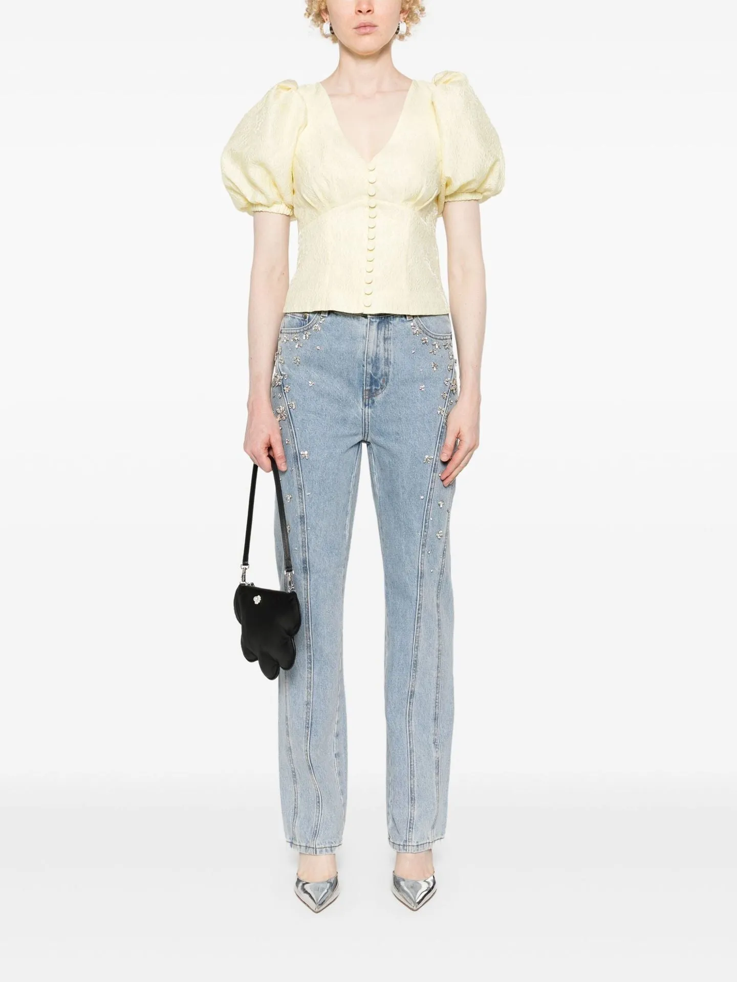 Glam High-Waisted Patchwork Rhinestone-Embellished Stretch Denim Jeans