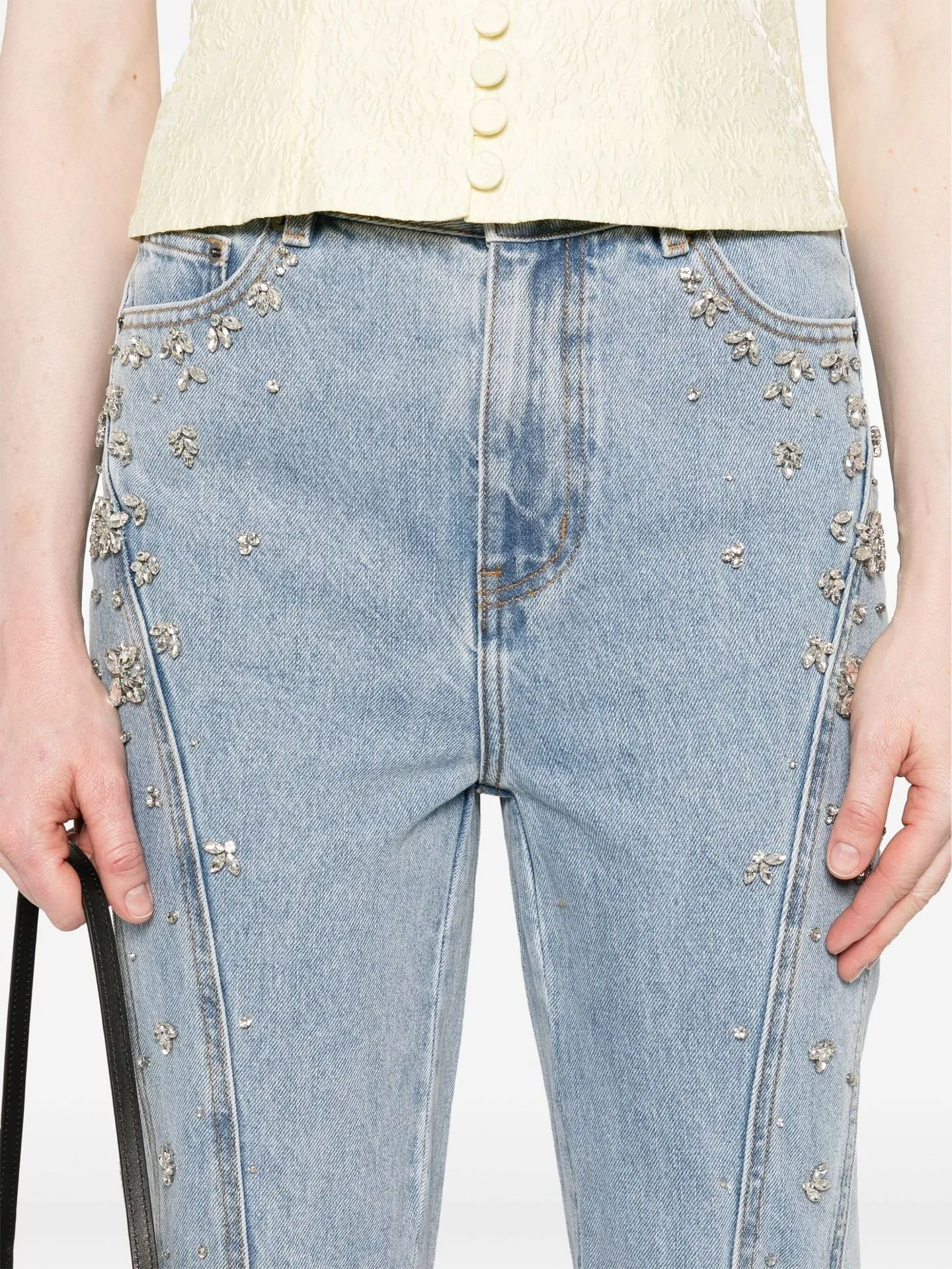 Glam High-Waisted Patchwork Rhinestone-Embellished Stretch Denim Jeans