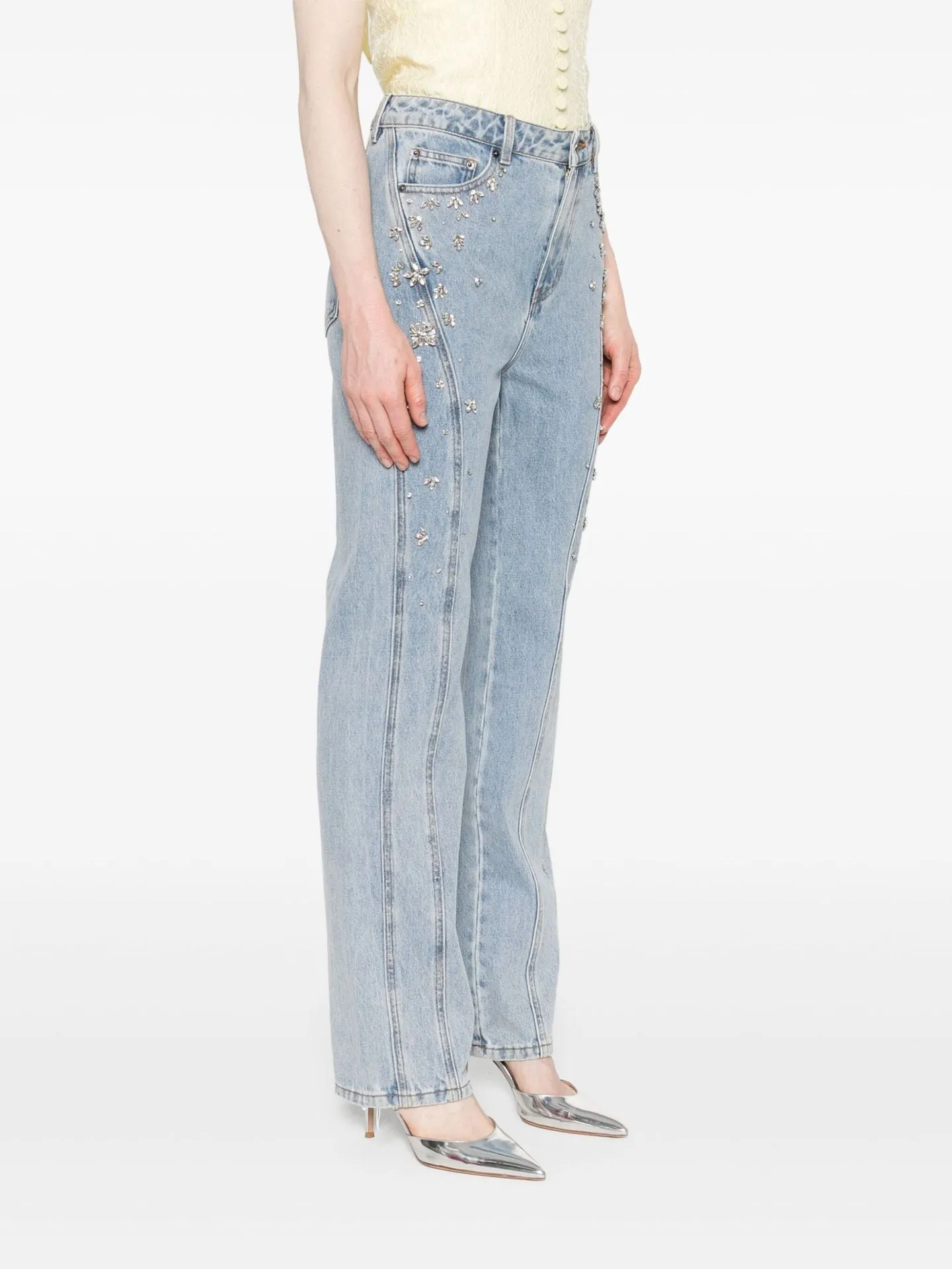 Glam High-Waisted Patchwork Rhinestone-Embellished Stretch Denim Jeans