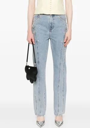 Glam High-Waisted Patchwork Rhinestone-Embellished Stretch Denim Jeans