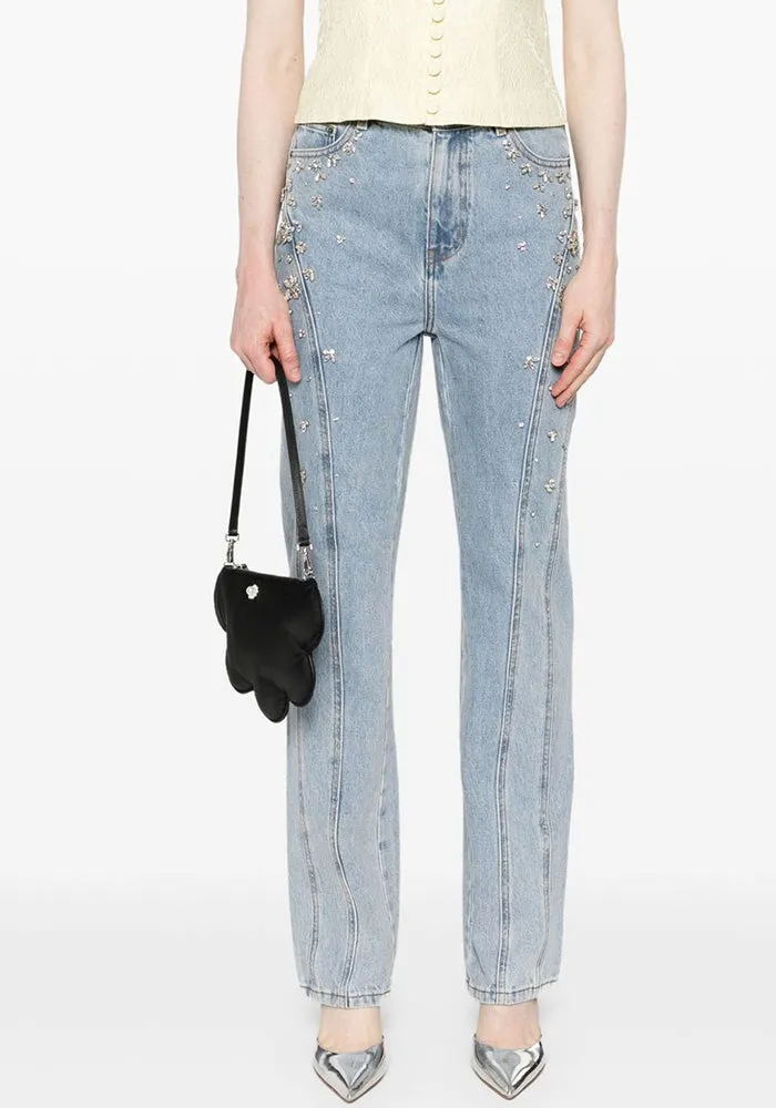 Glam High-Waisted Patchwork Rhinestone-Embellished Stretch Denim Jeans