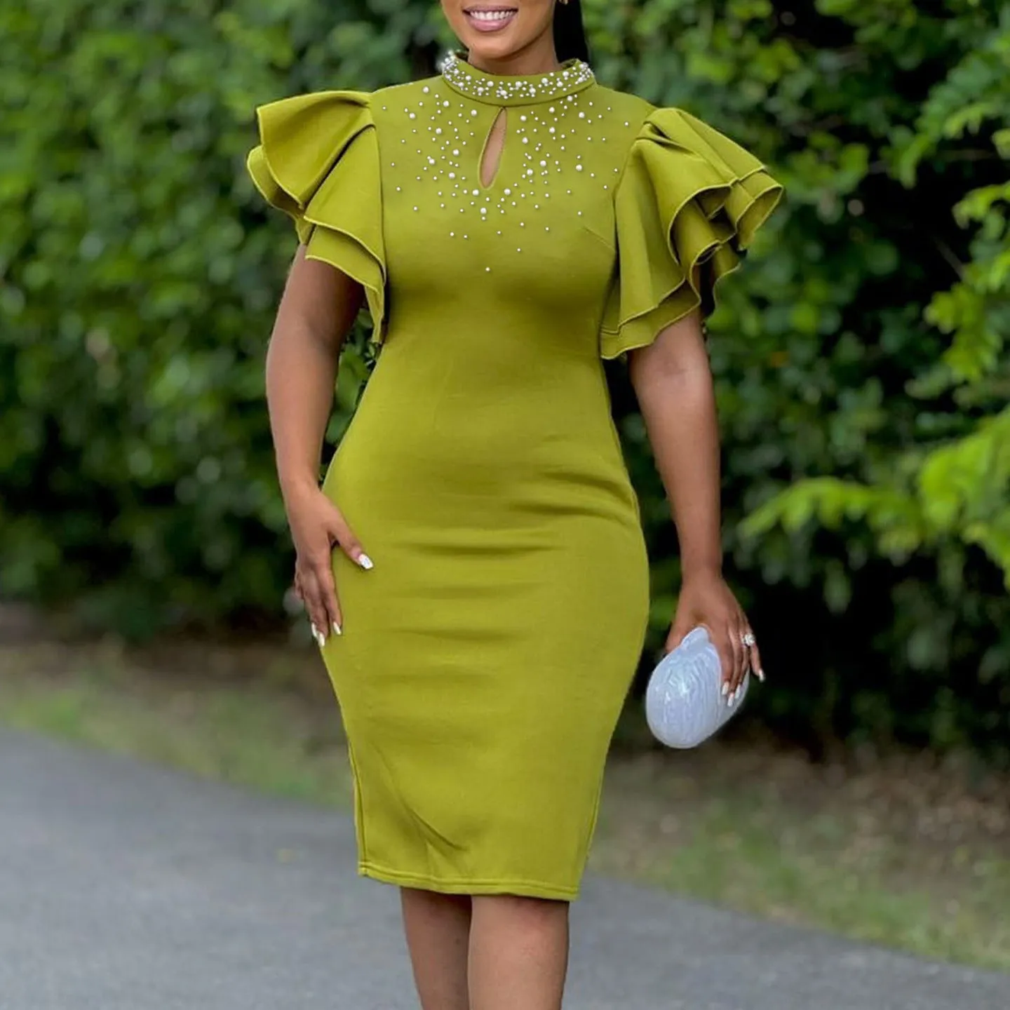 Glamorous Ruffle Sleeve Keyhole Dress with Elegant Beading
