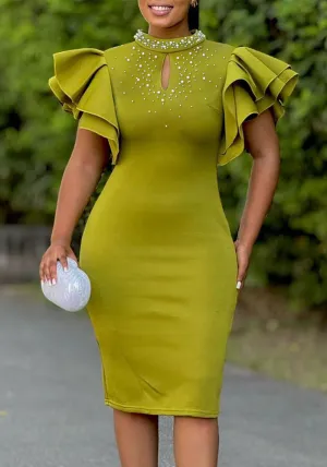 Glamorous Ruffle Sleeve Keyhole Dress with Elegant Beading