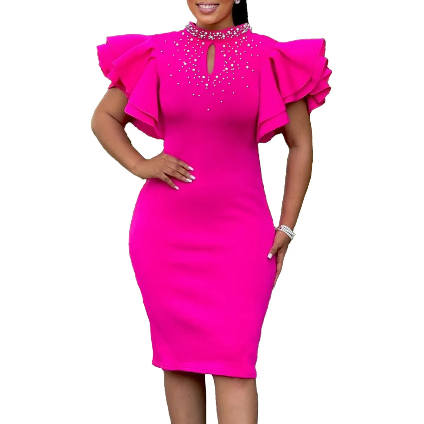 Glamorous Ruffle Sleeve Keyhole Dress with Elegant Beading
