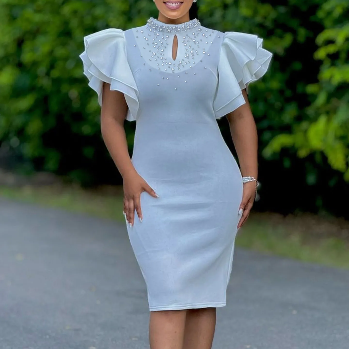 Glamorous Ruffle Sleeve Keyhole Dress with Elegant Beading