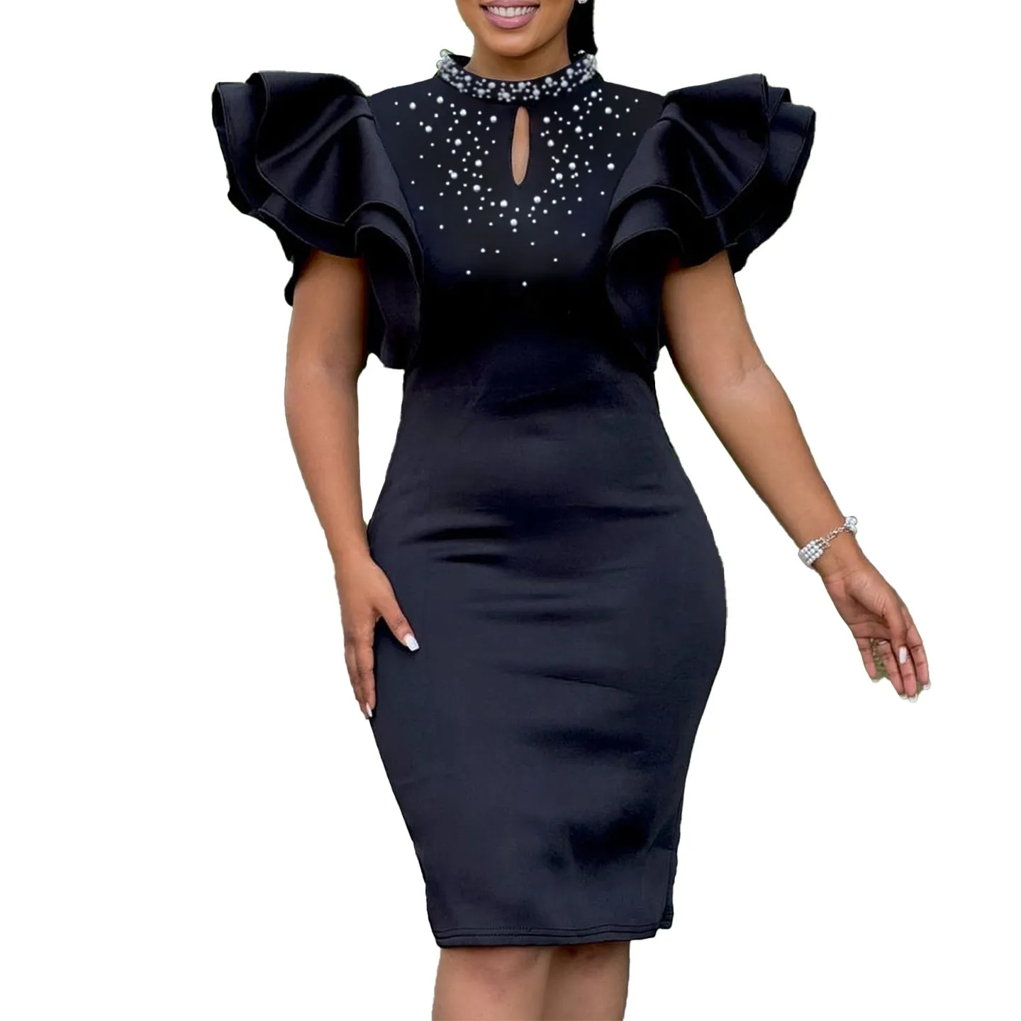Glamorous Ruffle Sleeve Keyhole Dress with Elegant Beading