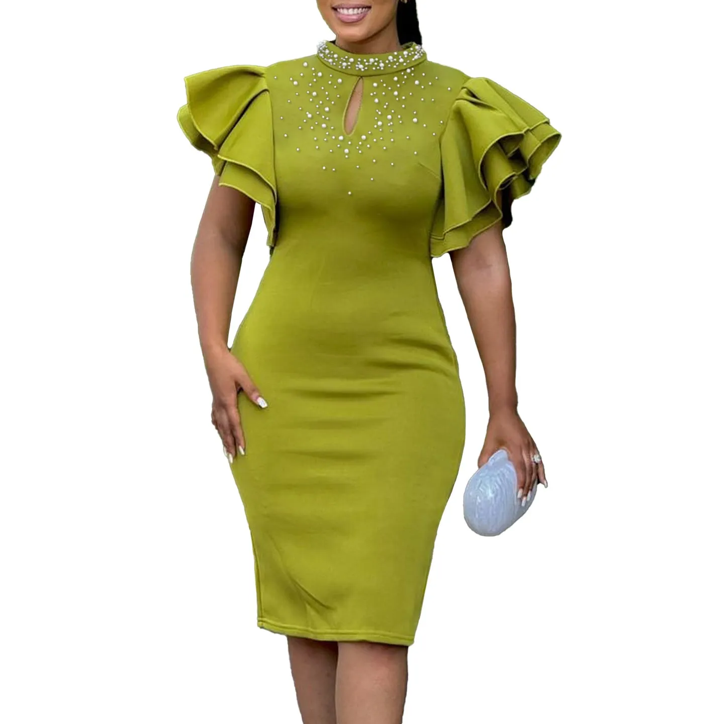 Glamorous Ruffle Sleeve Keyhole Dress with Elegant Beading