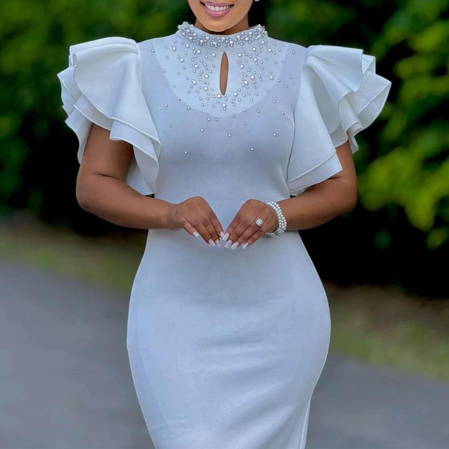 Glamorous Ruffle Sleeve Keyhole Dress with Elegant Beading