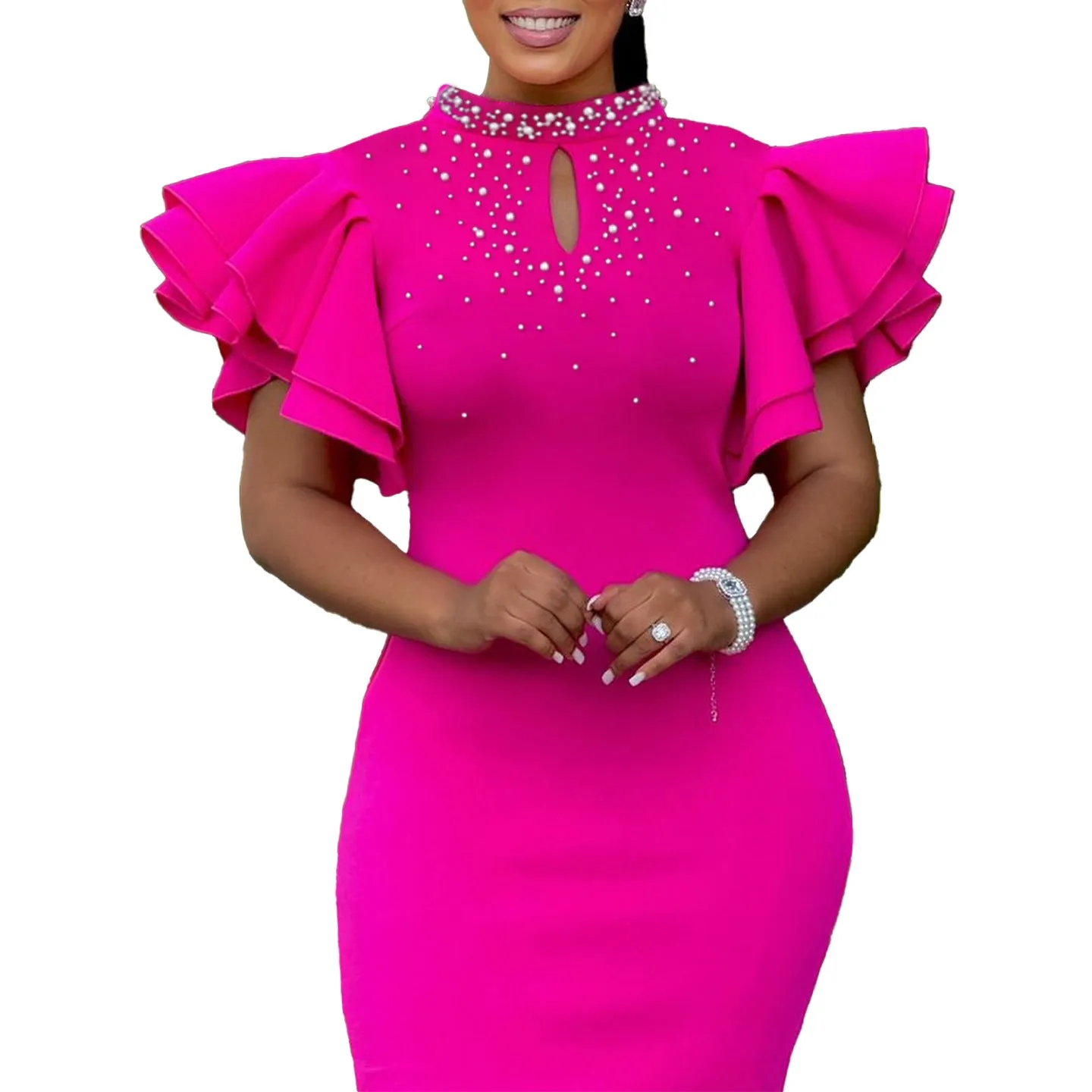 Glamorous Ruffle Sleeve Keyhole Dress with Elegant Beading