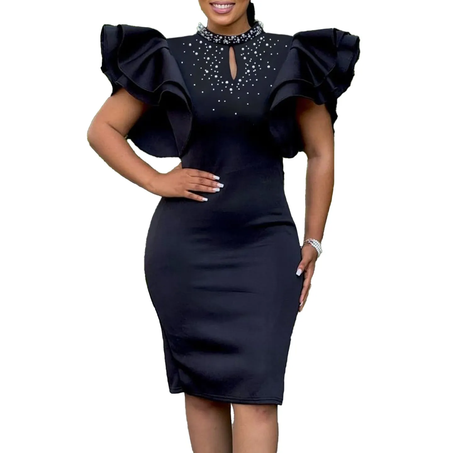 Glamorous Ruffle Sleeve Keyhole Dress with Elegant Beading