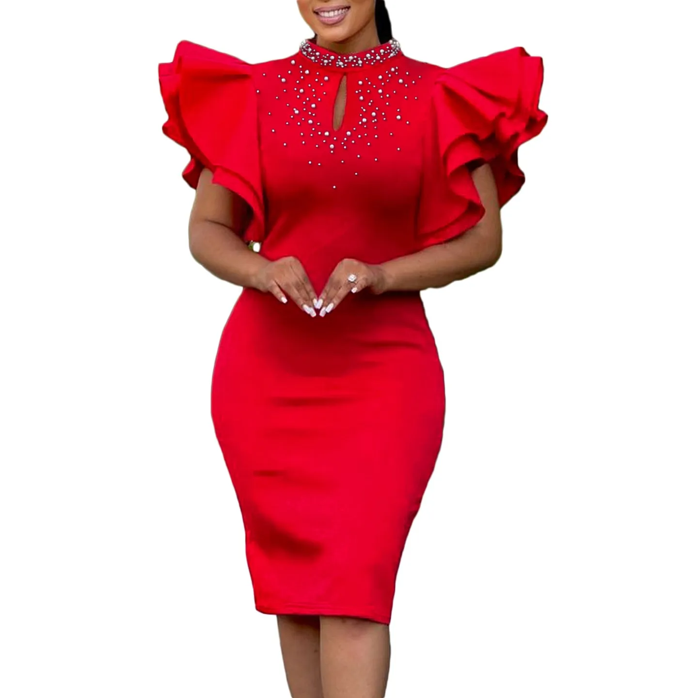 Glamorous Ruffle Sleeve Keyhole Dress with Elegant Beading
