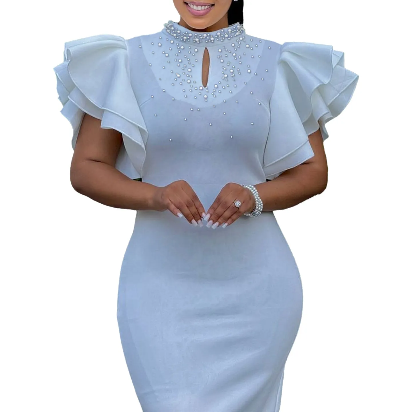 Glamorous Ruffle Sleeve Keyhole Dress with Elegant Beading