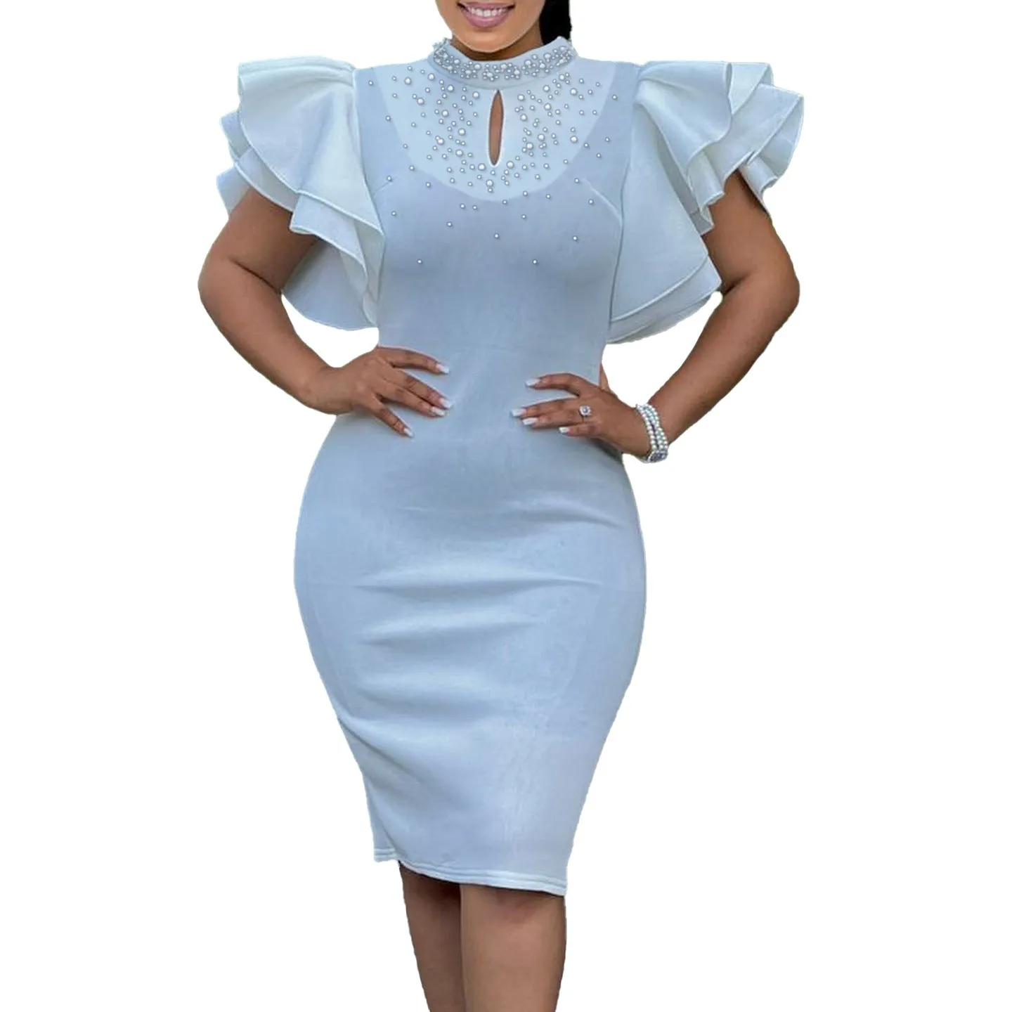 Glamorous Ruffle Sleeve Keyhole Dress with Elegant Beading