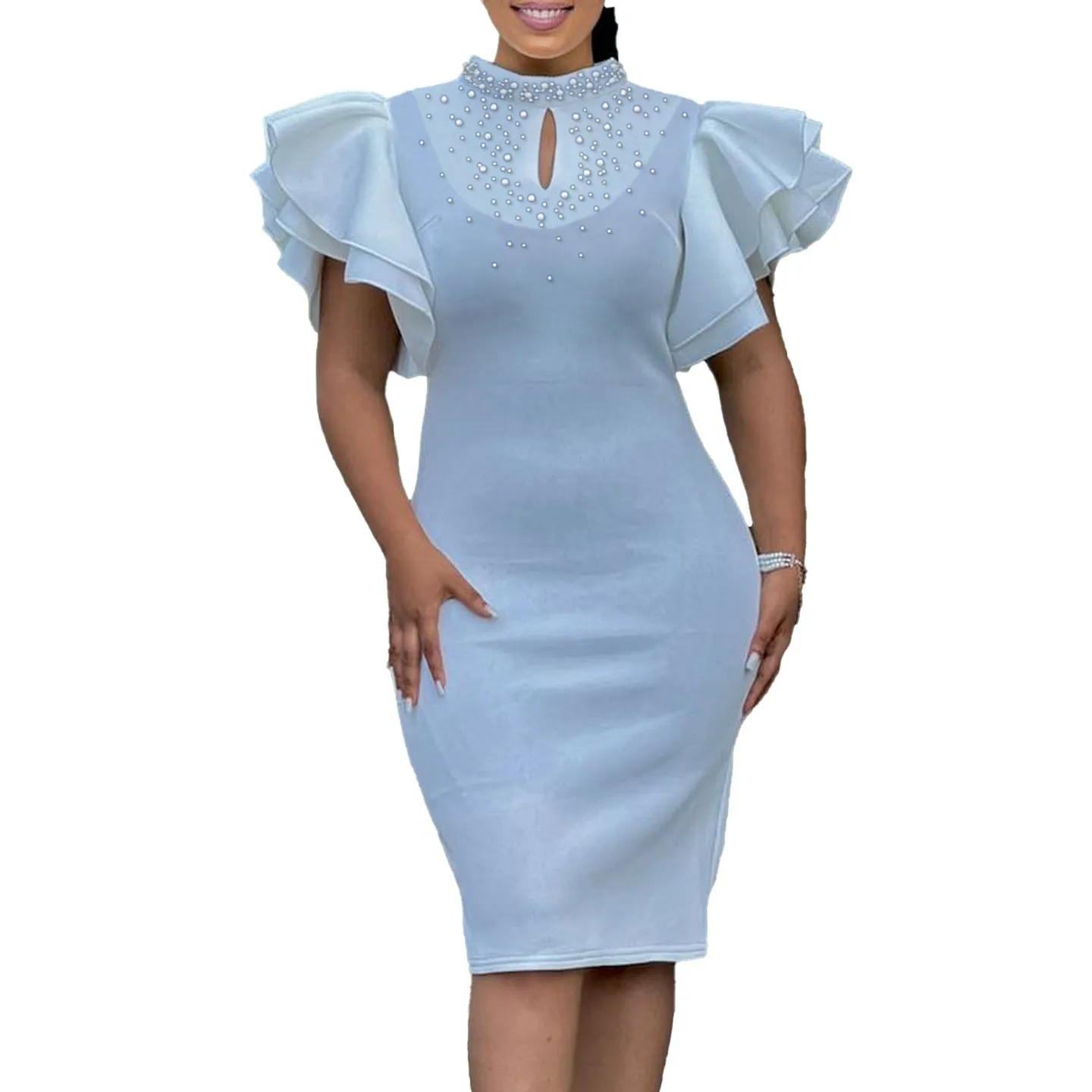 Glamorous Ruffle Sleeve Keyhole Dress with Elegant Beading